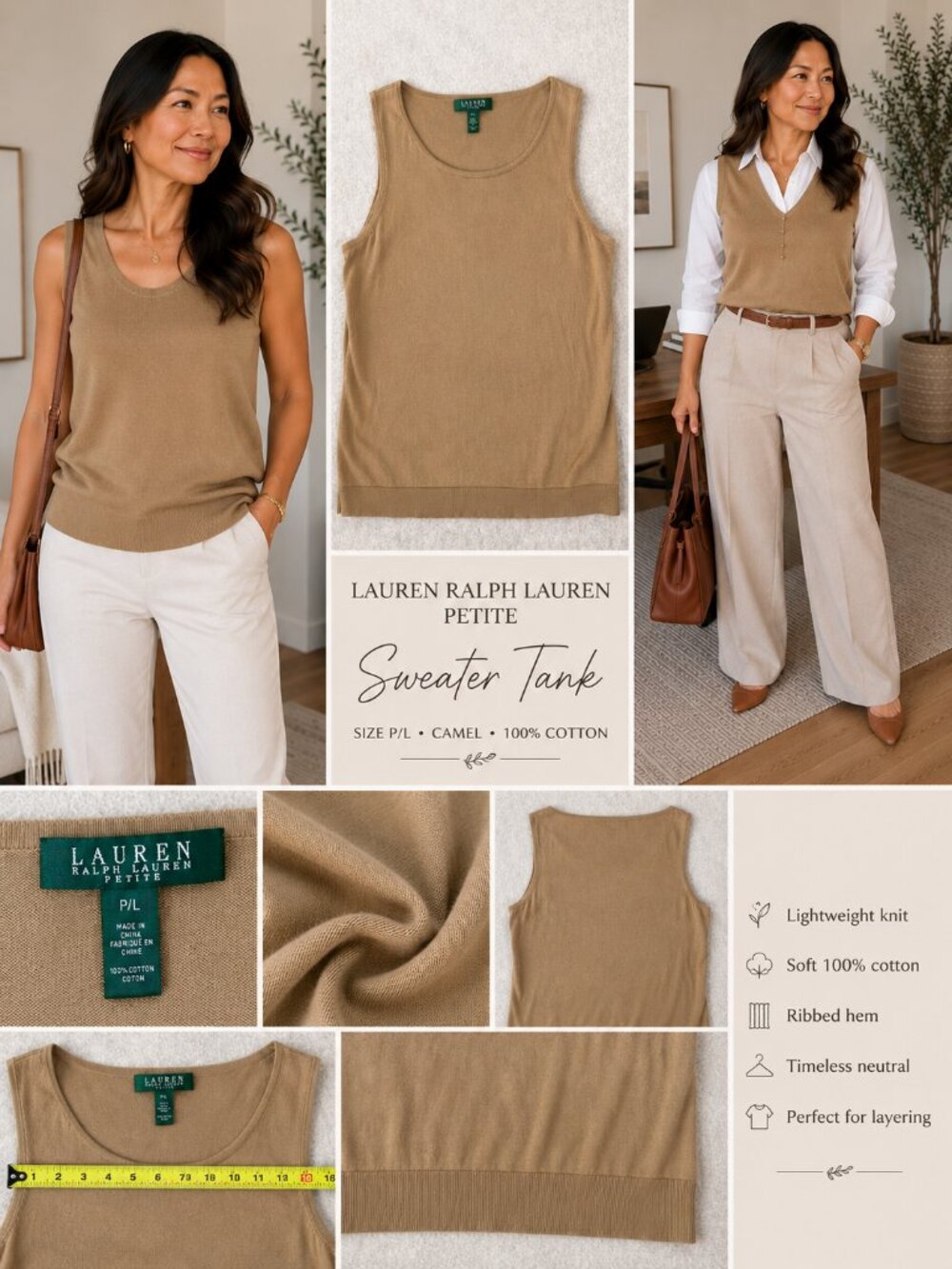 Lauren Ralph Lauren Camel Cotton Sweater Tank Top Neutral Petite Large